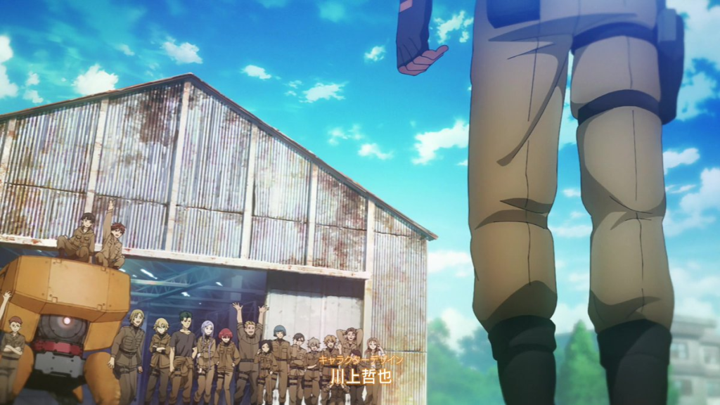 A group of characters in military-style uniforms stands in front of a large warehouse, with some waving and sitting on a mechanical vehicle. The sky is blue with scattered clouds.