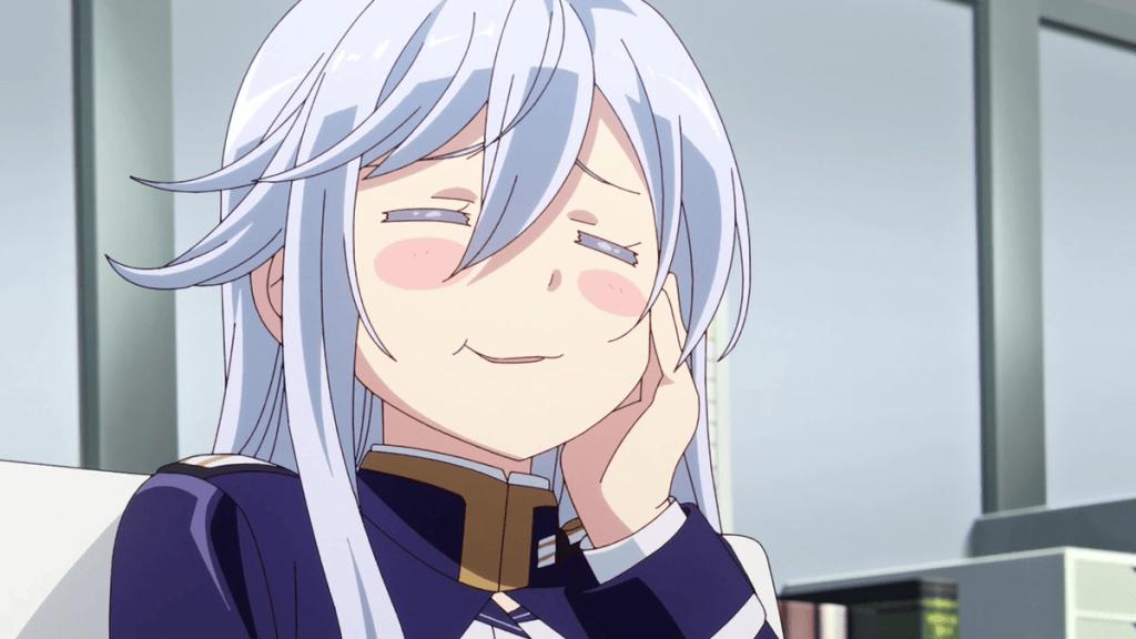 A character with long silver hair and a playful expression, resting their chin on their hand, wearing a dark uniform.