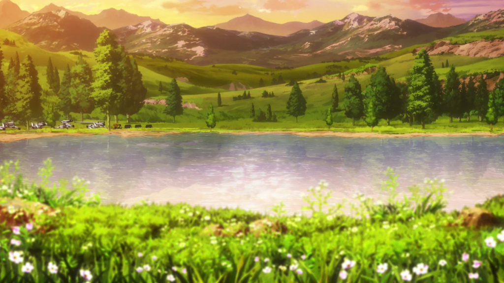 A serene landscape featuring a calm lake reflecting surrounding mountains and lush greenery, with scattered flowers in the foreground and trees lining the shore.