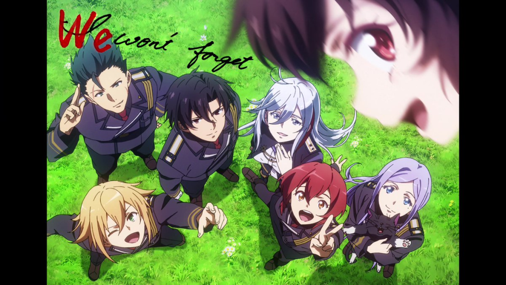 A group of six characters in military-style uniforms standing on grass, looking upwards with expressions of camaraderie and determination. The text 'We won't forget' is displayed prominently in red and black.