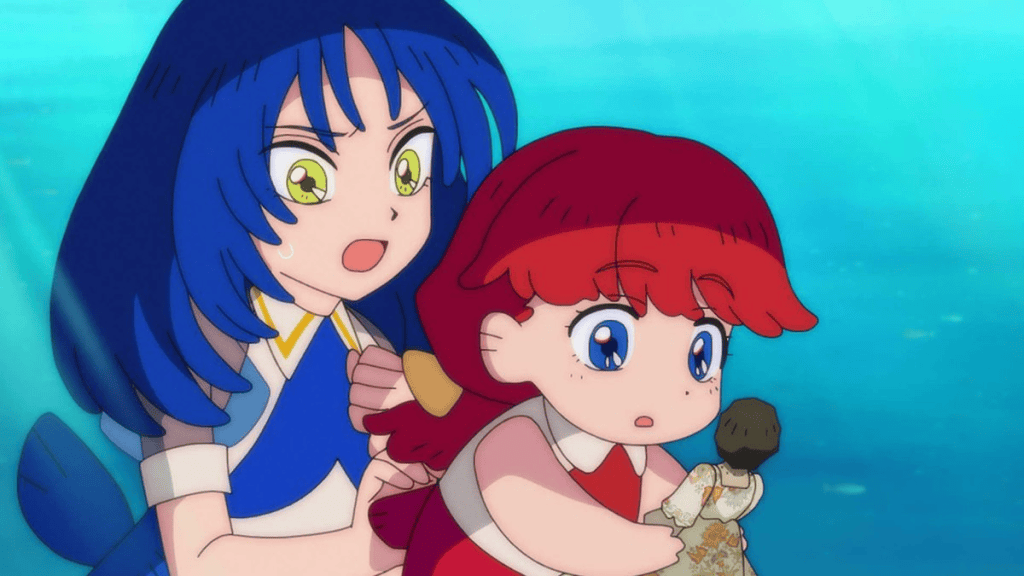 Two animated girls underwater, one with blue hair wearing a blue outfit, and the other with red hair wearing a red dress, looking concerned as the red-haired girl holds a small doll.