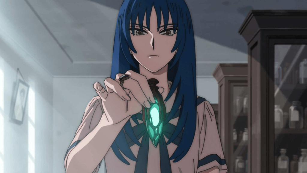 A character with long blue hair wearing a school uniform, holding a glowing green pendant in an indoor setting with shelves containing jars in the background.