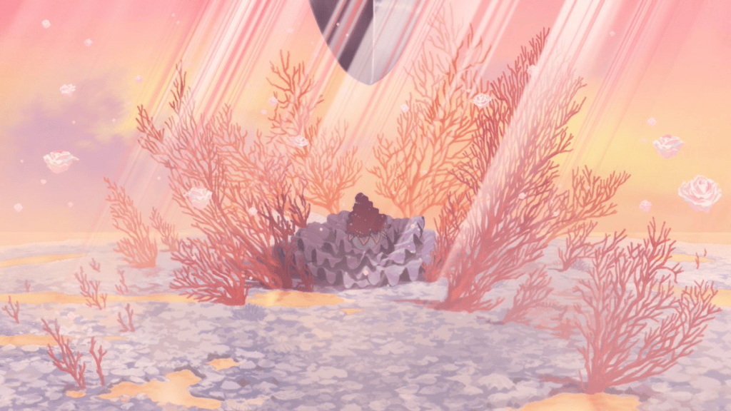 A vibrant underwater scene featuring coral formations and floating flowers, illuminated by soft rays of light in a pastel sky.