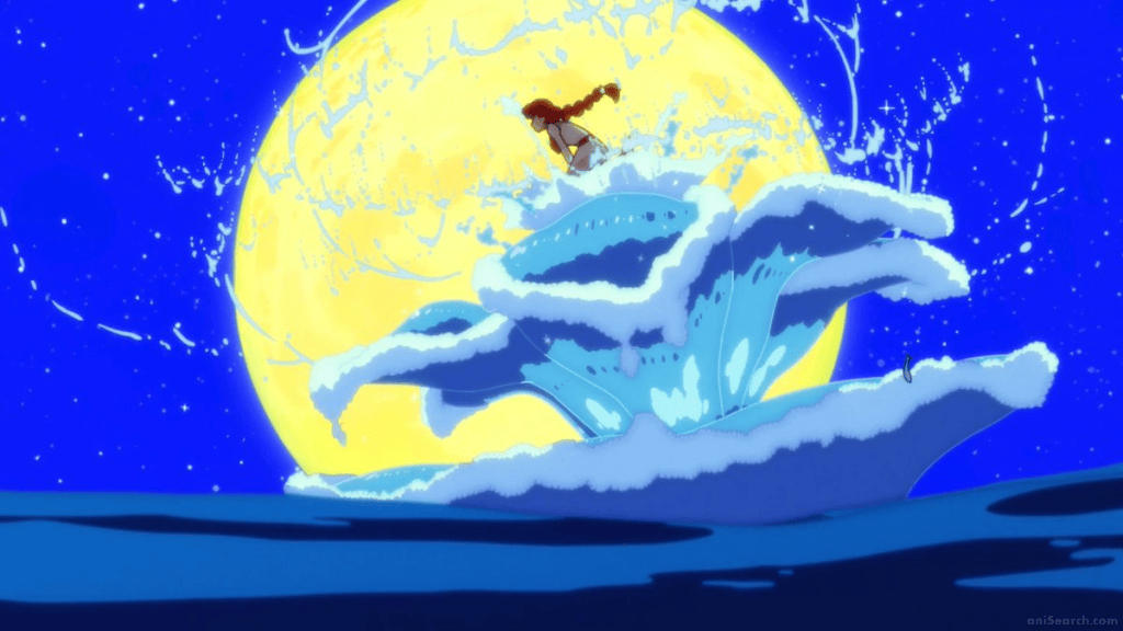 An animated scene featuring a character standing on a large wave, with a bright full moon in the background and splashes of water around.