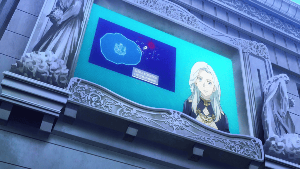 A decorative building facade showcases a large screen displaying a map and a woman in military attire with long hair, who appears to be addressing an audience.